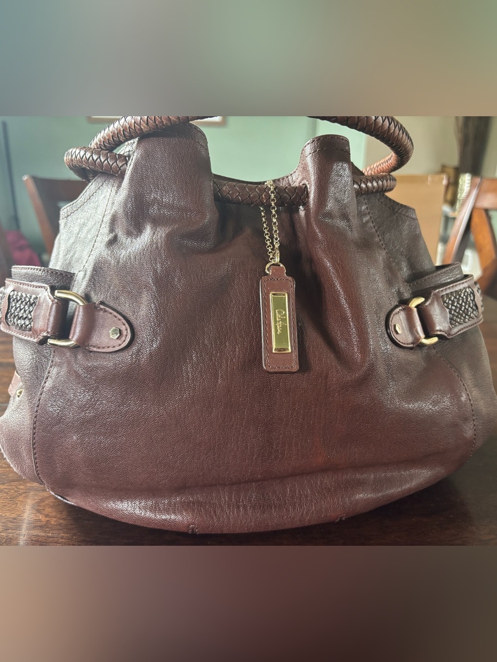 Vintage Cole Haan Brown Leather Shoulder Tote with woven accents